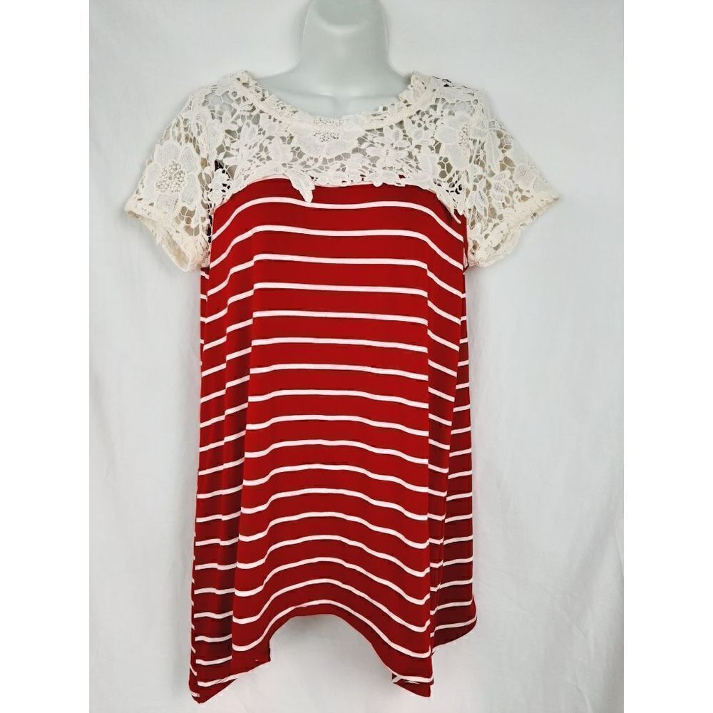 New Directions lace red white stripe medium blouse